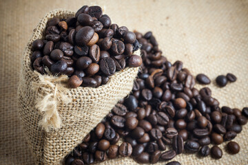Coffee beans roasted in bag sack
