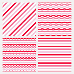 Set of 4 seamless patterns with pink and red stripes.