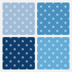 Set of 4 blue seamless patterns with ship wheels. Cute and childish design for fabric, textile, wallpaper, bedding, swaddles, toys or gender-neutral apparel. Sweet print for nursery decor or wall art.