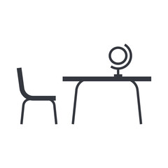 Black outline chair and desk with globe illustration. Education and knowledge vector icon.