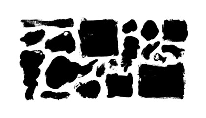 Vector black paint, ink brush strokes and shapes collection. Dirty grunge design element, box or background for text. Grungy black smears and rough stain. Hand drawn ink illustration isolated on white