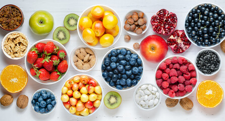 Fresh berries, fruits, nuts on a white wooden background. The concept of healthy eating. Food contains vitamins and trace elements