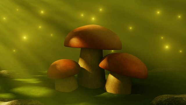 Three mushrooms in an environment of nature and fantasy illuminated by rays of light. 3D Rendering