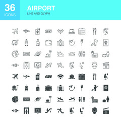 Airport Line Web Glyph Icons. Vector Illustration of Flight Outline and Solid Symbols. 