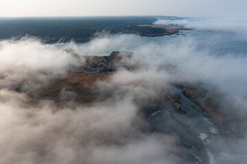 The marine layer is propelled against the coast of Mendocino, California, by a pressure gradient as a result of warmer inland temperatures. Much of Northern California experiences this common fog.