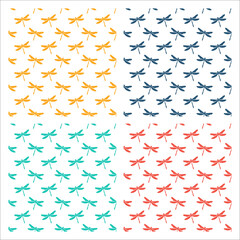 Set of 4 white seamless patterns colorful dragonflies