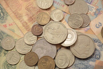 Old money USSR, Old Soviet coins and banknotes. Abstract money background