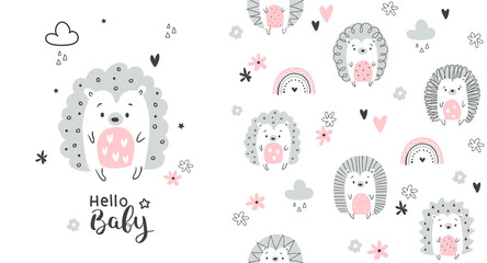 Сhildish pattern with cute hedgehogs, animal seamless background. Vector texture for kids bedding, fabric, wallpaper, wrapping paper, textile, t-shirt print