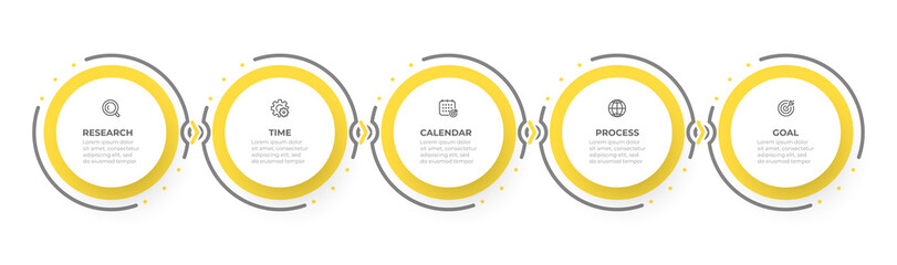 Business infographic thin line design with circles and marketing icons. Timeline process with 5 options or steps. Vector illustration.