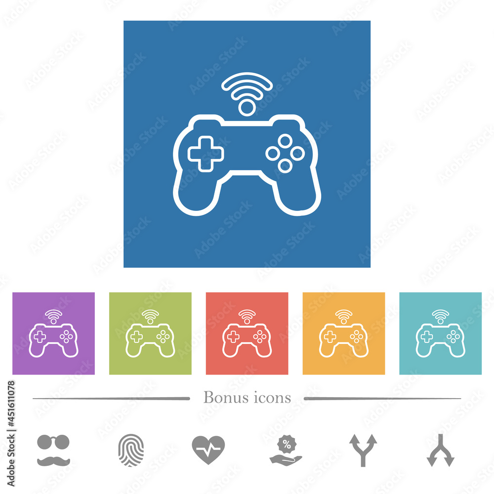 Poster wireless game controller outline flat white icons in square backgrounds