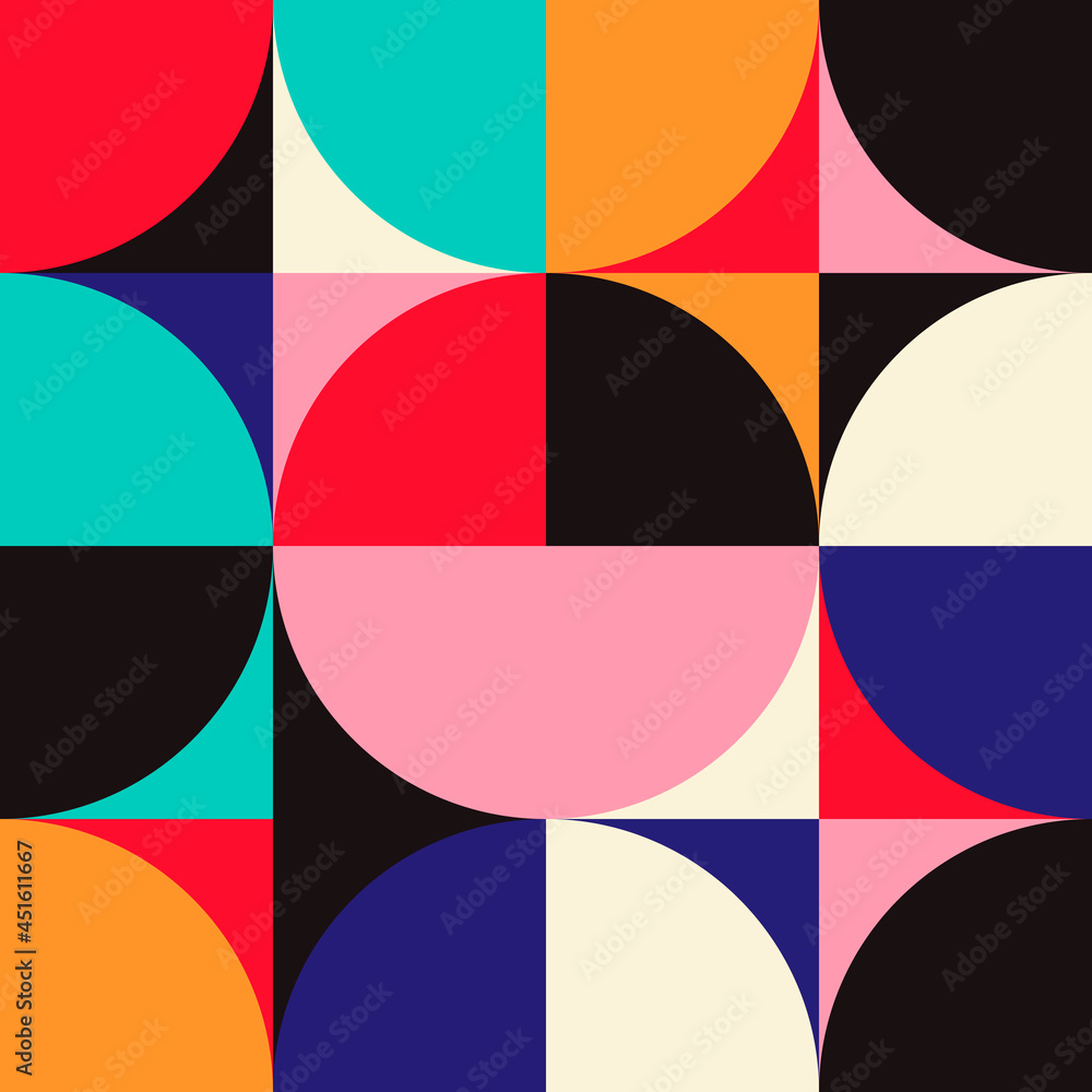 Poster Multicolor decor art circles in different colors. Vector sample with colorful parts of circles. Art geometric shapes like circles but four-parts.