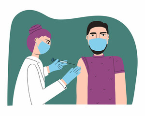 A doctor or nurse gives a flu or COVID-19 injection to a patient. Coronavirus infection vaccination concept. A man wearing a medical mask gets the antiviral vaccine with a syringe