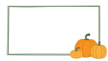 Green rectangle frame with orange pumpkins in the bottom right corner. Fall, autumn, seasonal. Copy space.
