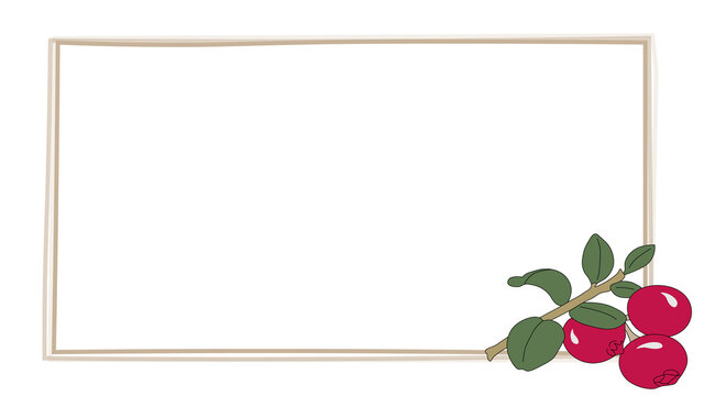 Tan rectangle frame with magenta cranberries in the bottom right corner. Fall, autumn, seasonal. Copy space.