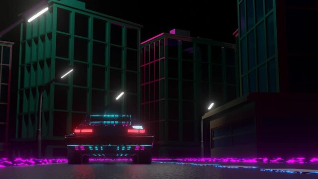 car with neon lights driving through the night city. looped animation. 3d render