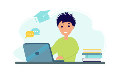 Young man studying with laptop and books. Online education concept. Stay at home. Self-isolation. Vector illustration in flat style.