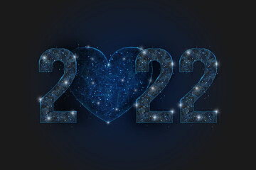 Abstract isolated blue image of new year number 2022 with heart. Polygonal low poly wireframe illustration looks like stars in the blask night sky in spase or flying glass shards. © Katsiaryna