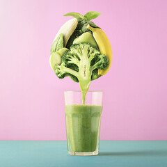 Creative healthy living concept on a pink background. Set of fruits and vegetables for making smoothies.
