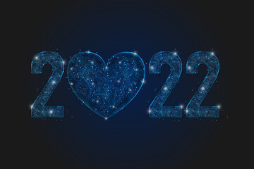 Abstract isolated blue image of new year number 2022 with heart. Polygonal low poly wireframe illustration looks like stars in the blask night sky in spase or flying glass shards.