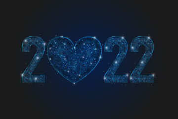 Abstract isolated blue image of new year number 2022 with heart. Polygonal low poly wireframe illustration looks like stars in the blask night sky in spase or flying glass shards. © Katsiaryna
