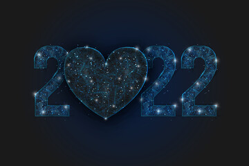 Abstract isolated blue image of new year number 2022 with heart. Polygonal low poly wireframe illustration looks like stars in the blask night sky in spase or flying glass shards. © Katsiaryna