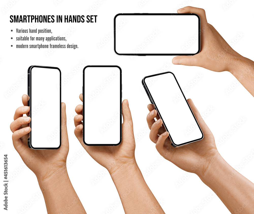 Poster man hand holding the black smartphone with blank screen and modern frameless design in four rotated,