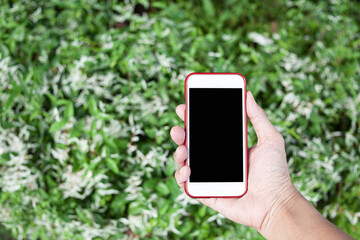 Close up of male hands holding phone with isolated black screen in the garden, Connection technology background.