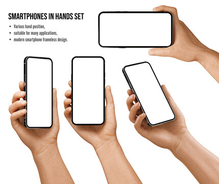Man hand holding the black smartphone with blank screen and modern frameless design in four rotated, perspective positions and horizontal  - isolated on white background, the whole image is sharp.