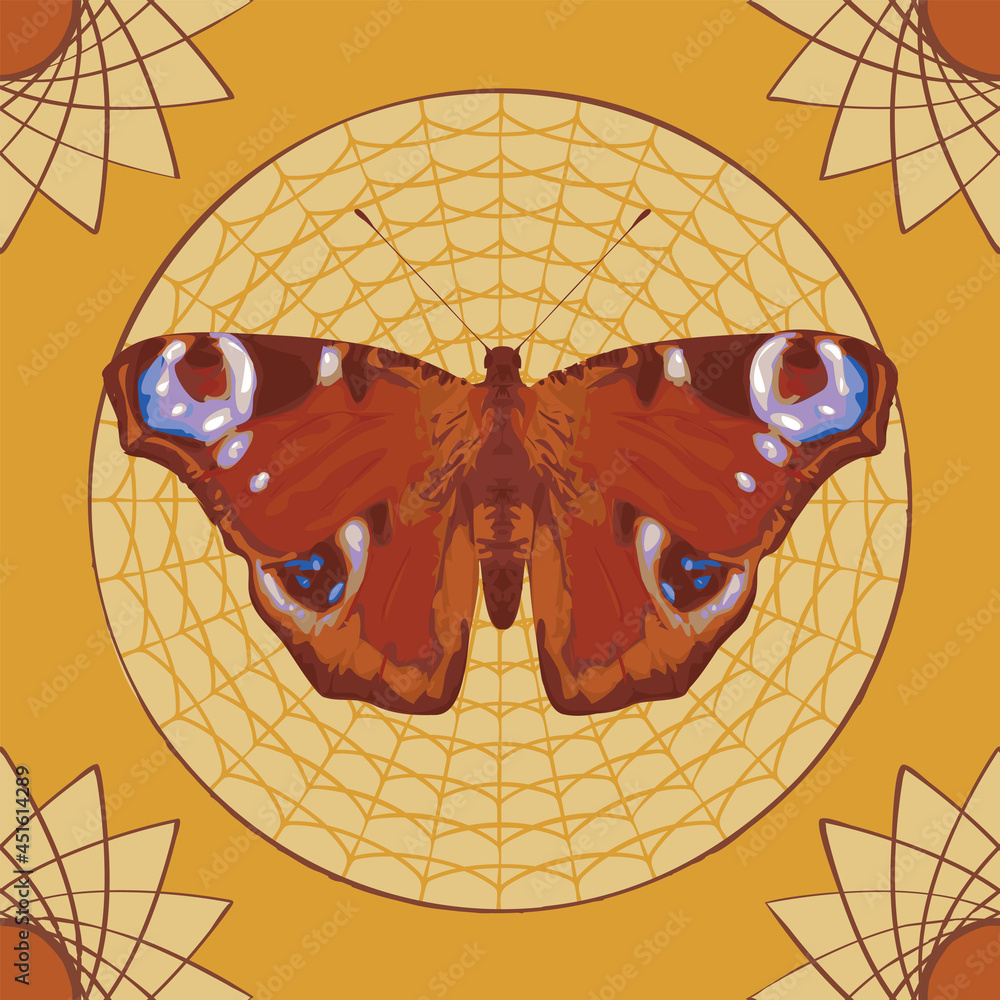 Poster vector banner of a peacock eye butterfly on a decorative yellow background with a symmetrical patter