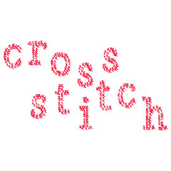 Cross stitch word abc patch composition concept isolated space illustration. Red patchwork stroke fabric application, fashion slogan made cross stitching vector realistic. Title for blog.