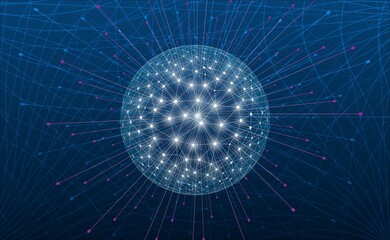 Background for the presentation. Digital technologies. Sphere and waves. Abstract vector illustration of a ball with digital connections and waves on a blue background.