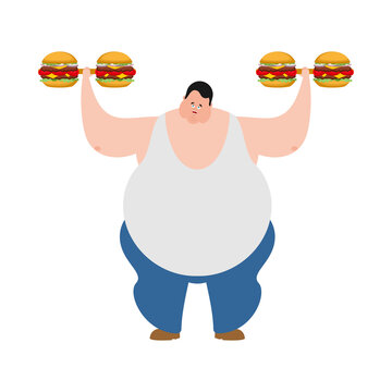 Fat man and hamburger dumbbells. vector illustration