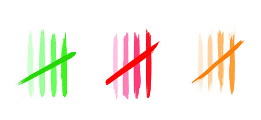 Five black tally counting marks. Cartoon brush stroke lijn pattern. Flat vector. Tally strokes. Lines symbol countings. Green, red, orange lines counting to 5.