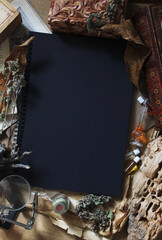 Template with an empty album in a fabulous environment. Suitable for recipes, overlay illustrations or text.