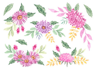 Set with autumn compositions flowers and twigs in watercolor