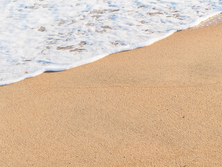 Fototapeta na wymiar Marine horizontal background: wave on a sandy beach, copy space