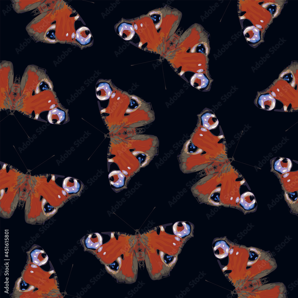Poster seamless pattern with red peacock eye butterflies on a black backdrop in retro style. suitable for w