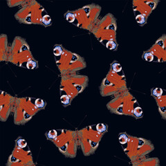 Seamless pattern with red peacock eye butterflies on a black backdrop in retro style. Suitable for Wallpaper, wrapping paper or fabric. Repeating vector background with realistic butterflies