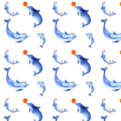 Seamless pattern with watercolor playful and jumping dolphins on white background