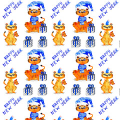 Watercolor cartoon holiday tigers drawn by watercolor repeated as pattern on white background