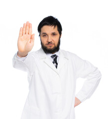 A bearded doctor in a white coat, in a medical uniform, shows an open palm, a stop, stop sign. close-up. isolated. White background