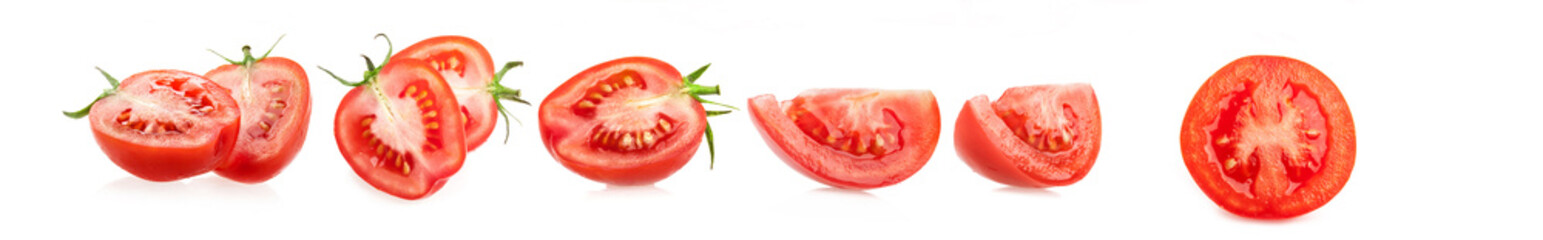 Fresh split red tomatoes isolated on a white background. Panoramic image