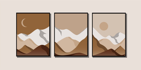 Set of abstract aesthtetic mountain landscape. Triptych. Boho style. Contemporary art. Mid century modern vector illustration.