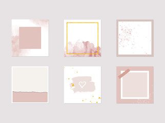 Abstract social media story, post, highlight templates. Pink pastel watercolor backgrounds. Design for beauty, jewelry, wedding, blog.
