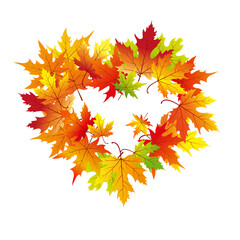 Autumn leaves isolated on white. Heart shaped background with maple leaves