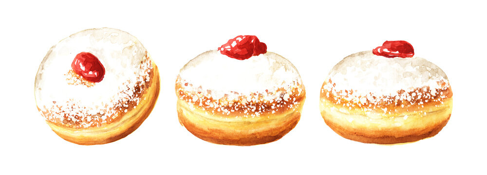Donuts with jam set. Hand drawn watercolor illustration, isolated on white background