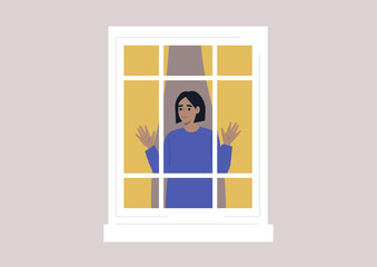 Coronavirus lockdown, a young female character isolated at home, outside view of a window frame