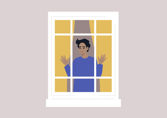 Coronavirus lockdown, a young male character isolated at home, outside view of a window frame