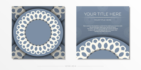 Ready-to-print blue color postcard design with luxurious ornaments. Invitation card template with vintage patterns.