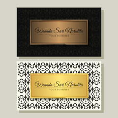 Luxury white and black business card and vintage ornament logo vector template. Retro elegant flourishes ornamental frame design with pattern background